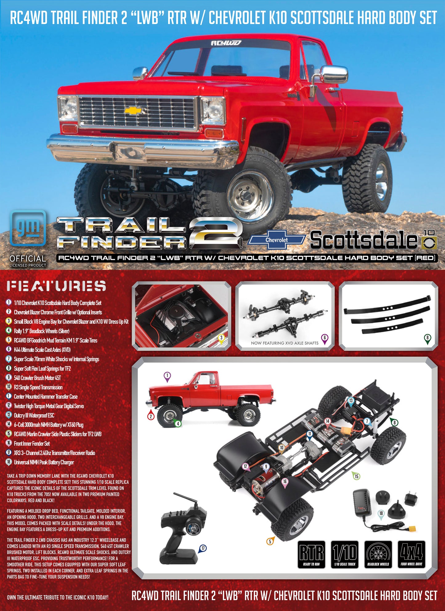 RC4WD Trail Finder 2 "LWB" RTR W/ Chevrolet K10 Scottsdale Hard Body Set (Red)