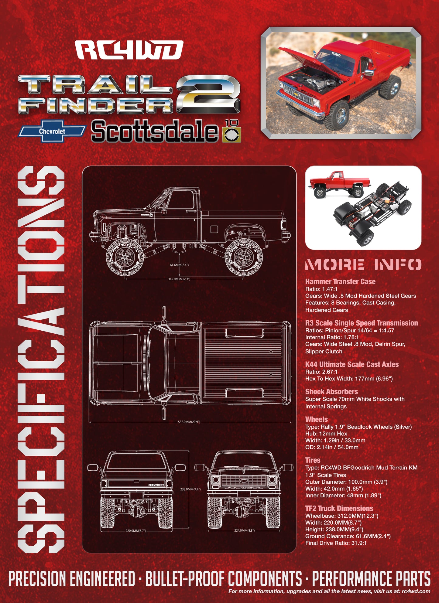 RC4WD Trail Finder 2 "LWB" RTR W/ Chevrolet K10 Scottsdale Hard Body Set (Red)